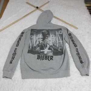 Justin Bieber Hoodie Womens Small Gray Black World Tour Pullover Sweatshirt